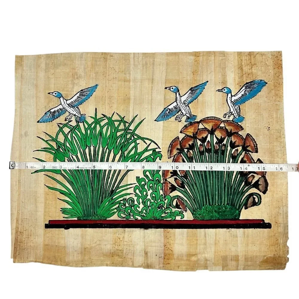 Vintage Egyptian Papyrus Painting Birds with Lotus & Papyrus Plants Handcrafted